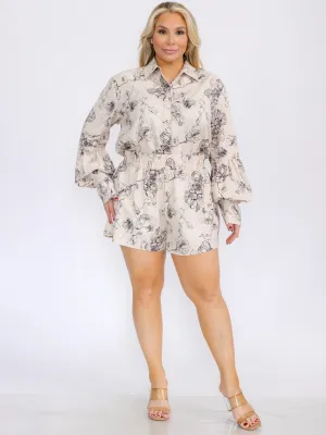 PLUS SIZE LONG SLEEVE BUTTON UP FRONT POCKETS PRINTED ROMPER