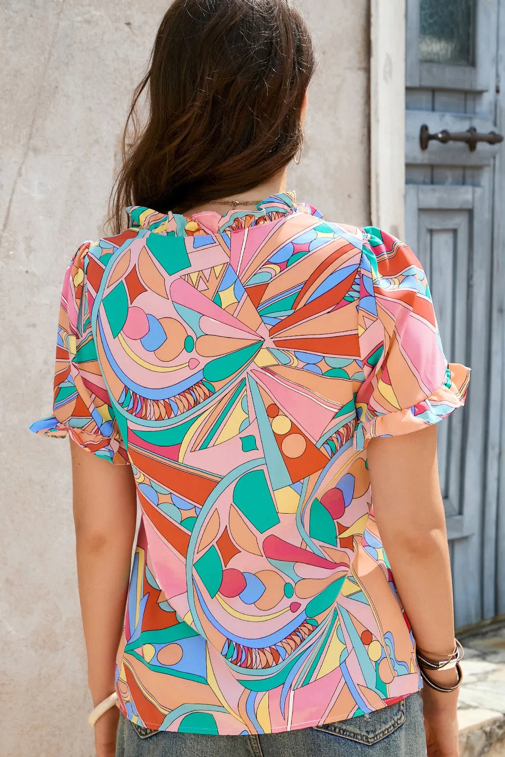 Print Frilled V Neck Blouse
