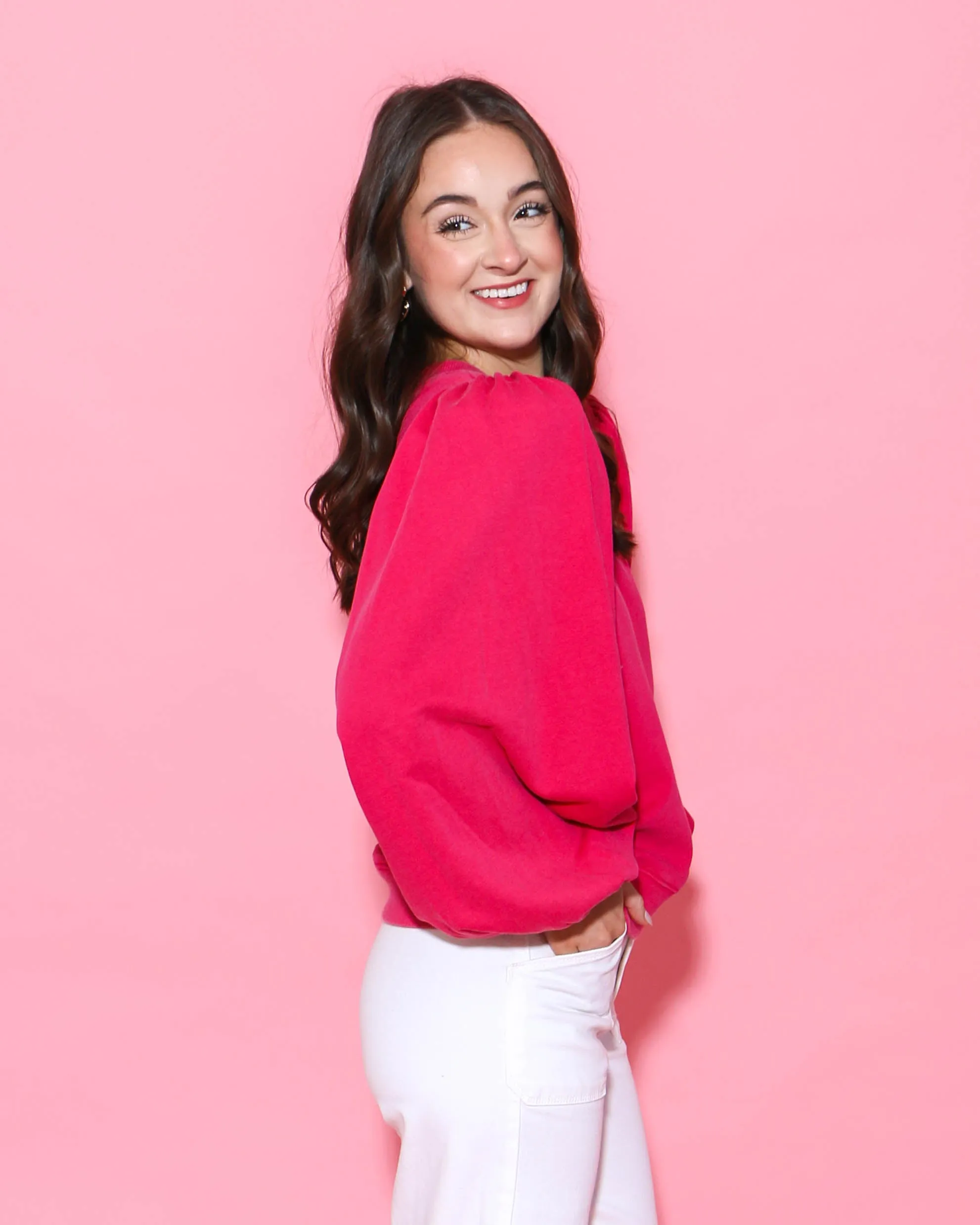 Puff Long Sleeve Sweatshirt Top in Pink