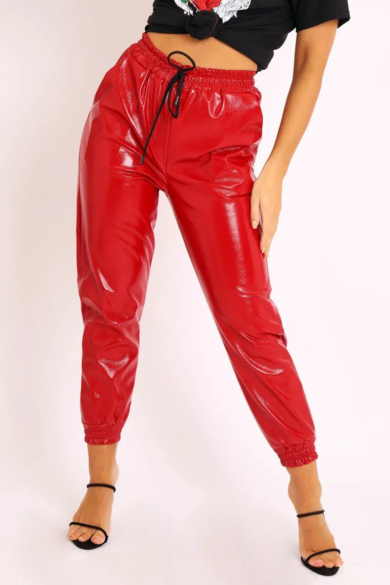 Red High Shine Drawstring Waist Joggers - Faye