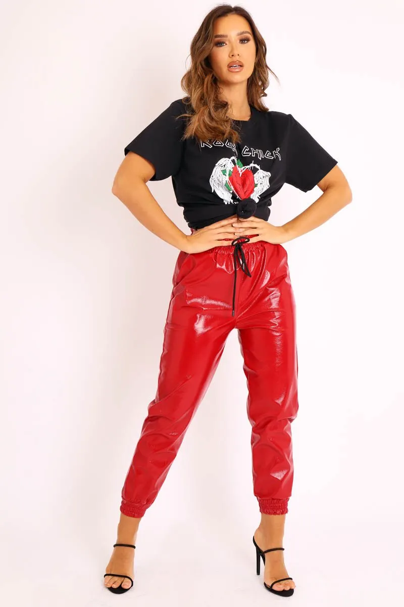 Red High Shine Drawstring Waist Joggers - Faye