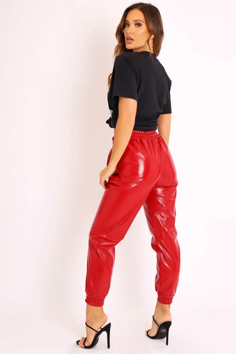 Red High Shine Drawstring Waist Joggers - Faye