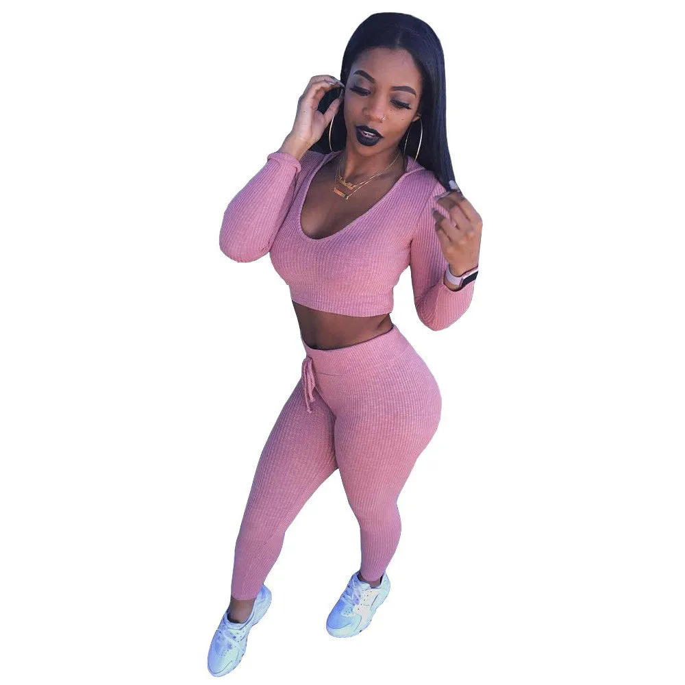 Ribbed Long Sleeve Two Piece Jumpsuit Pink Overalls Winter Hooded O-neck
