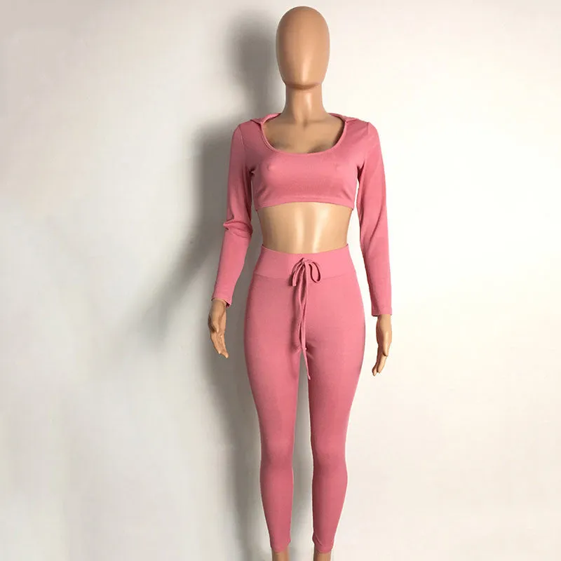 Ribbed Long Sleeve Two Piece Jumpsuit Pink Overalls Winter Hooded O-neck
