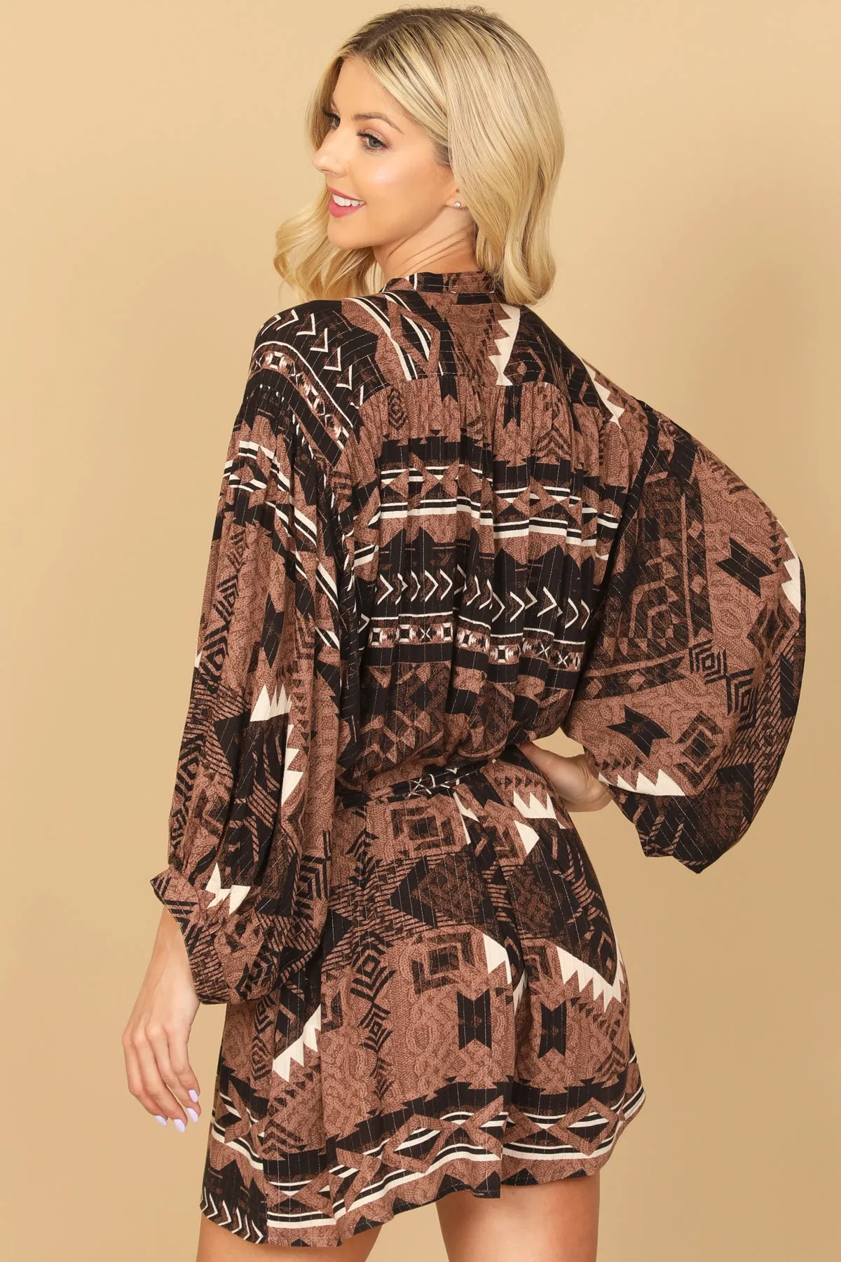 RIBBON NECK PUFF SLEEVE WAIST TIE PRINTED ROMPER