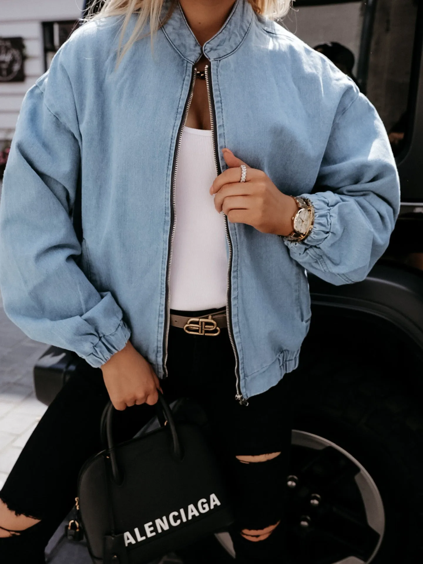 Round Collar Zipper Denim Outerwear Cardigans