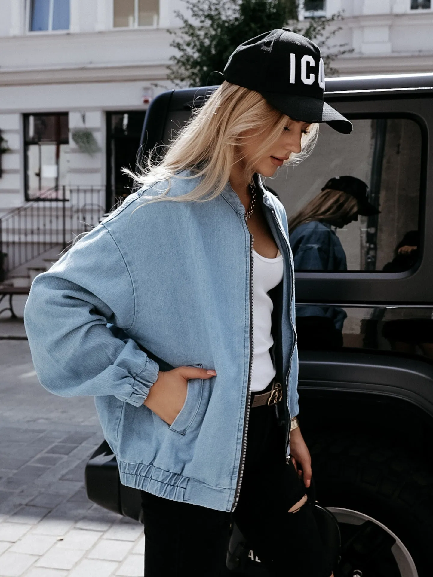 Round Collar Zipper Denim Outerwear Cardigans