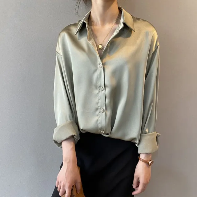 Satin Shirts Long Sleeve Blouse Women Button Up White Loose