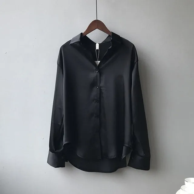 Satin Shirts Long Sleeve Blouse Women Button Up White Loose