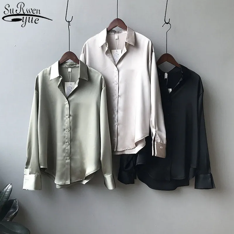 Satin Shirts Long Sleeve Blouse Women Button Up White Loose
