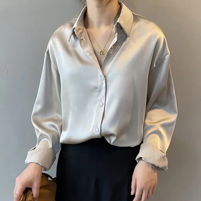 Satin Shirts Long Sleeve Blouse Women Button Up White Loose