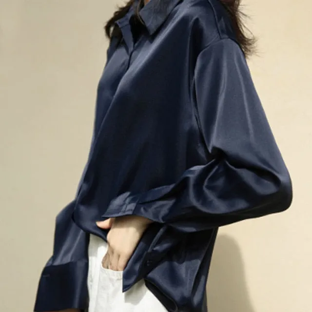 Satin Shirts Long Sleeve Blouse Women Button Up White Loose