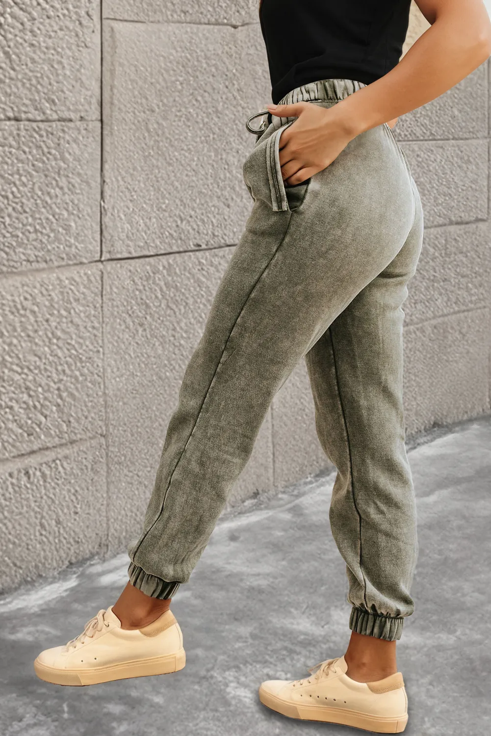 Seagrass Retro Mineral Wash Drawstring High Waist Joggers