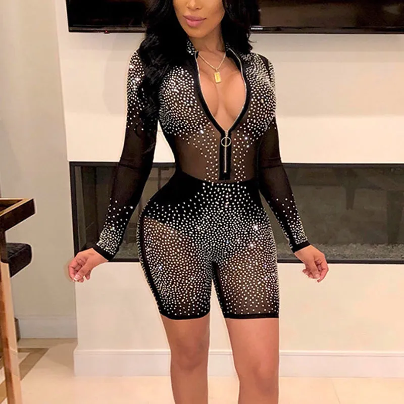 Sequins Sheer Mesh Zipper Design Long Sleeve Romper