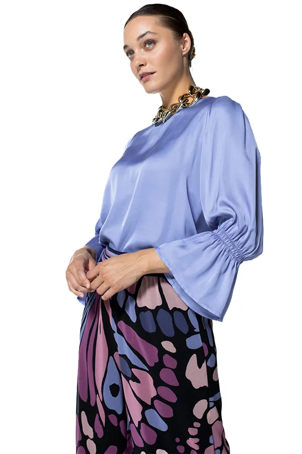 SHINY TRUMPET SLEEVE DRESSY BLOUSE