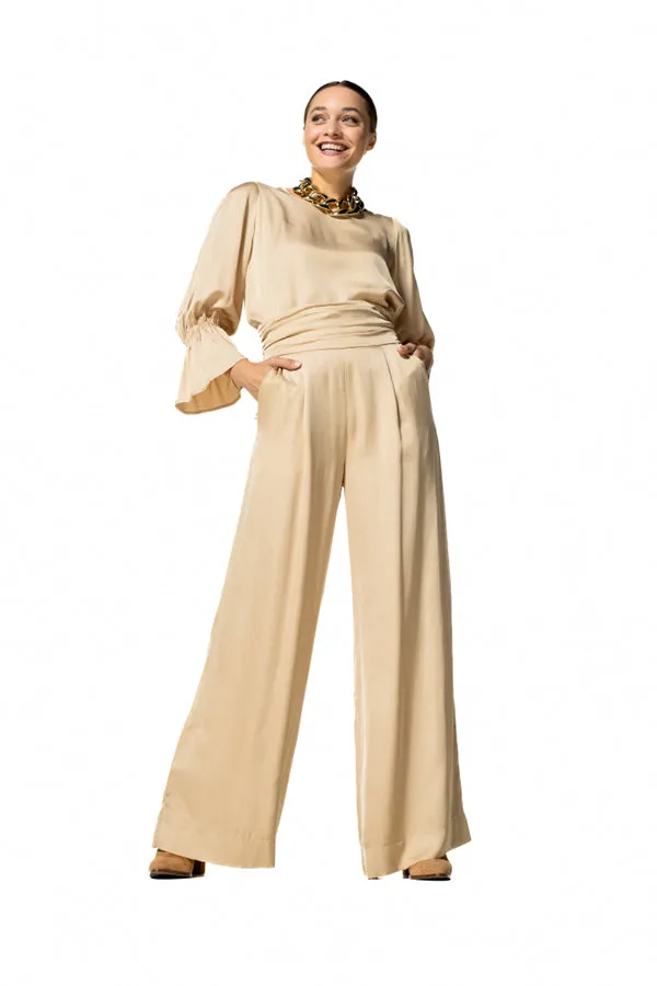 SHINY TRUMPET SLEEVE DRESSY BLOUSE