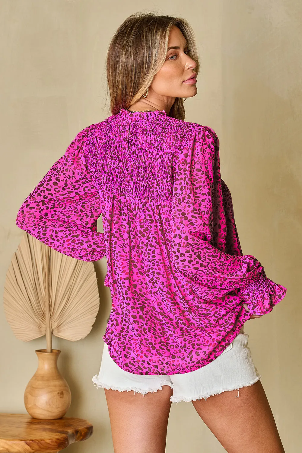 Shirred Puff Sleeve Flowy Blouse