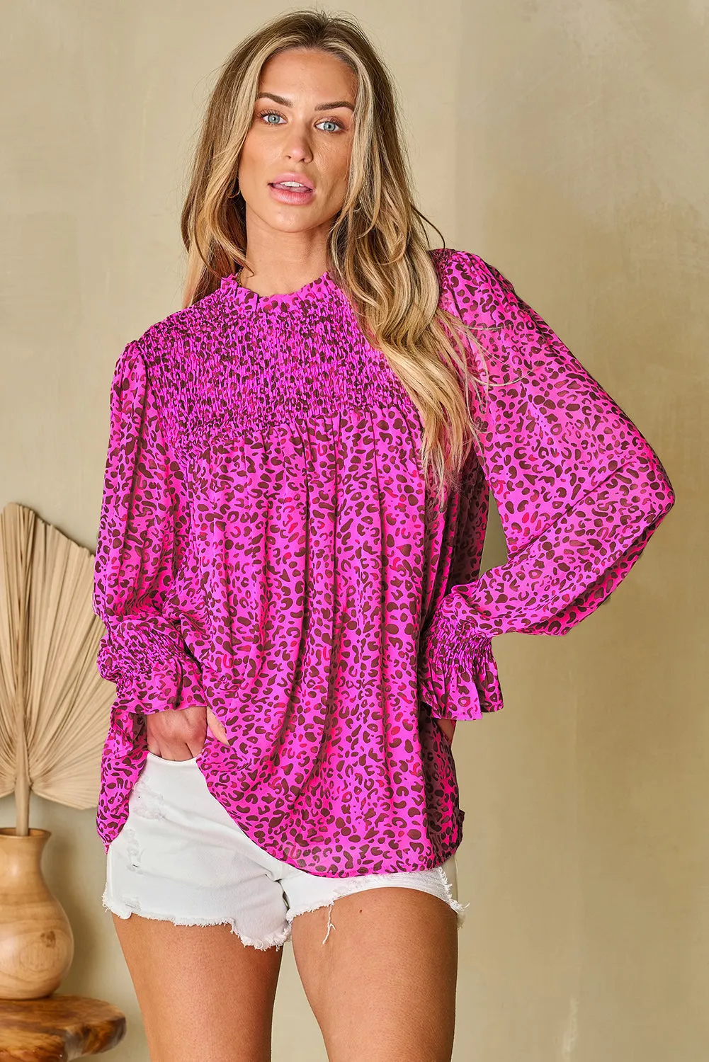Shirred Puff Sleeve Flowy Blouse