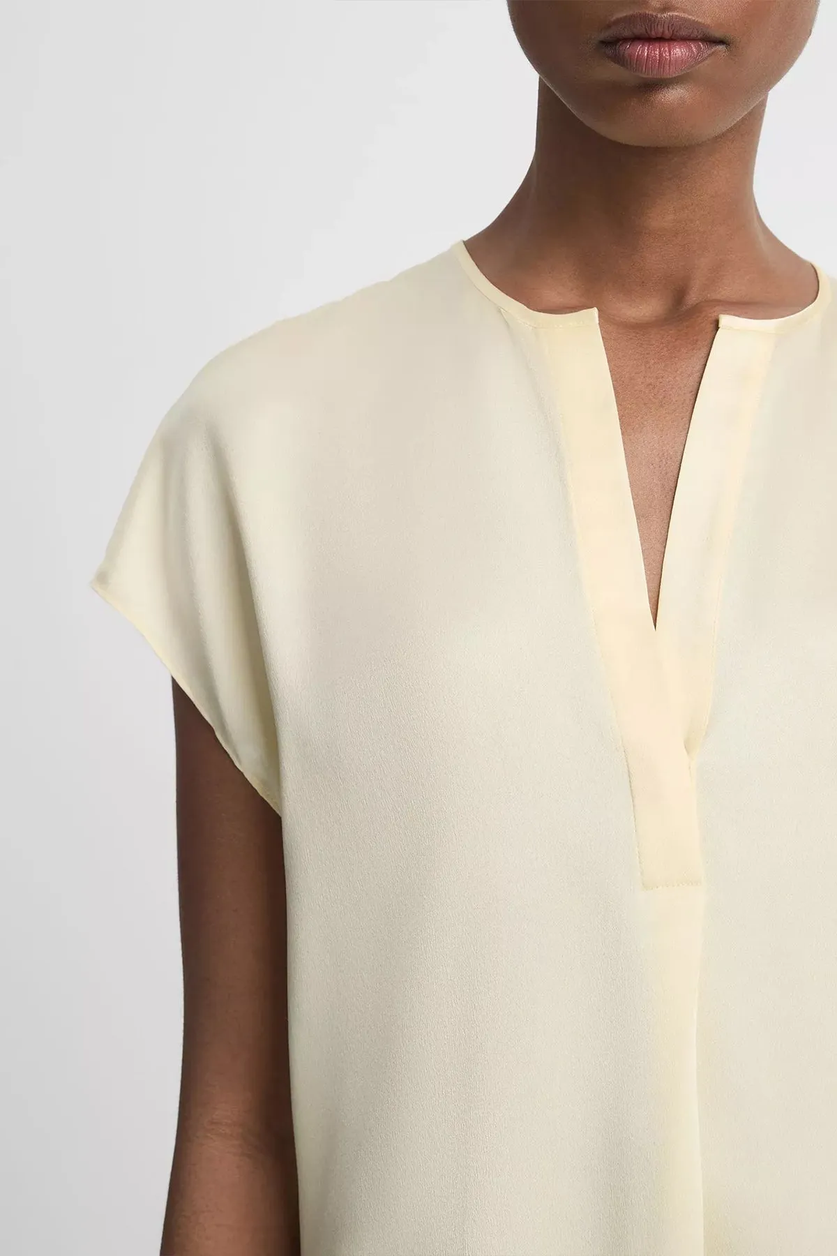 Silk Cap-Sleeve Half-Placket Blouse in Sun Creme