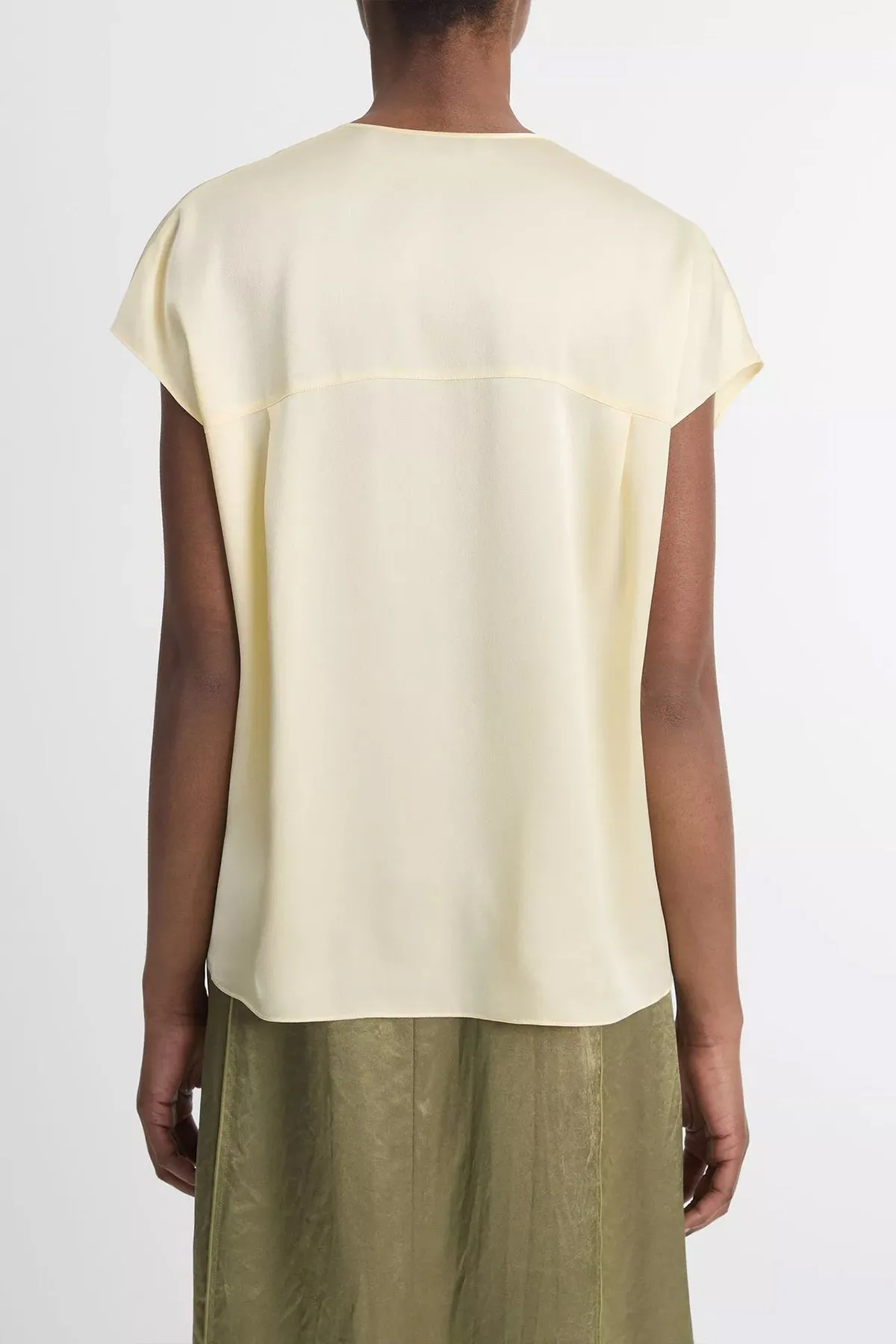 Silk Cap-Sleeve Half-Placket Blouse in Sun Creme