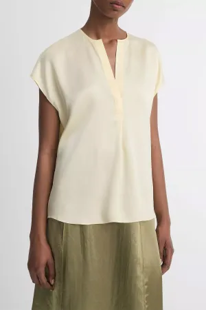 Silk Cap-Sleeve Half-Placket Blouse in Sun Creme