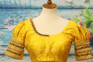 Silk Saree Blouse | Silk Blouse | puff Sleeve Blouse | yellow Saree Blouse | Stitched Saree Blouse | Honeybee Handlooms