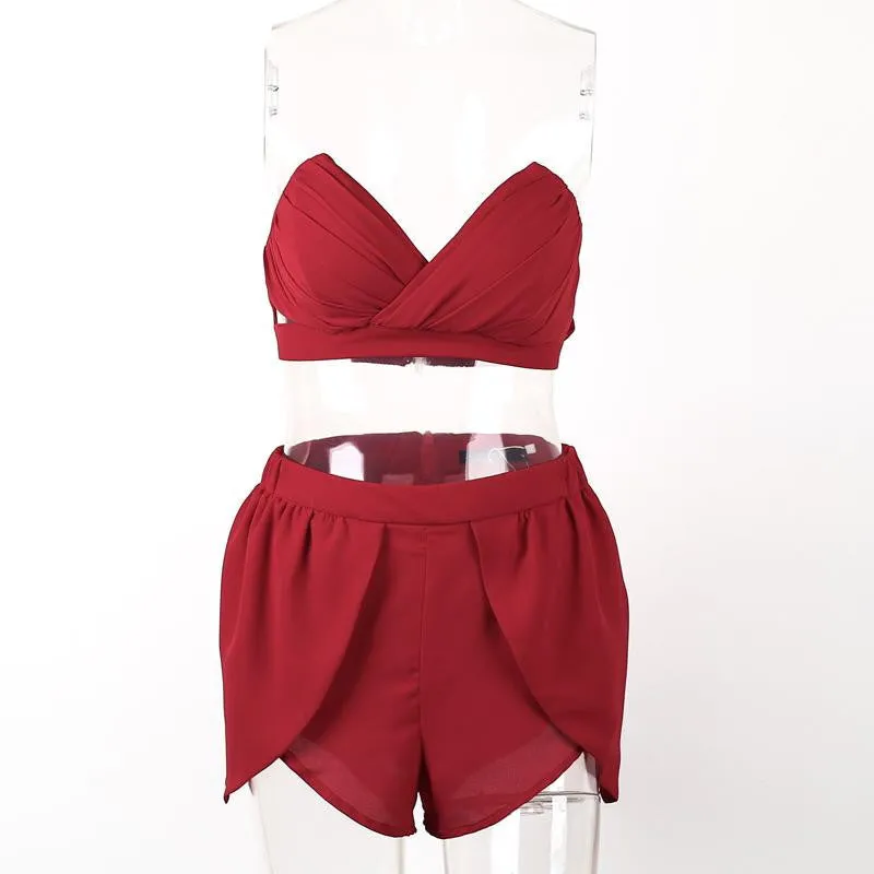 Simplee Sexy padded v neck ruffles chiffon women jumpsuit rompers Hollow out evening party playsuit Two piece overalls
