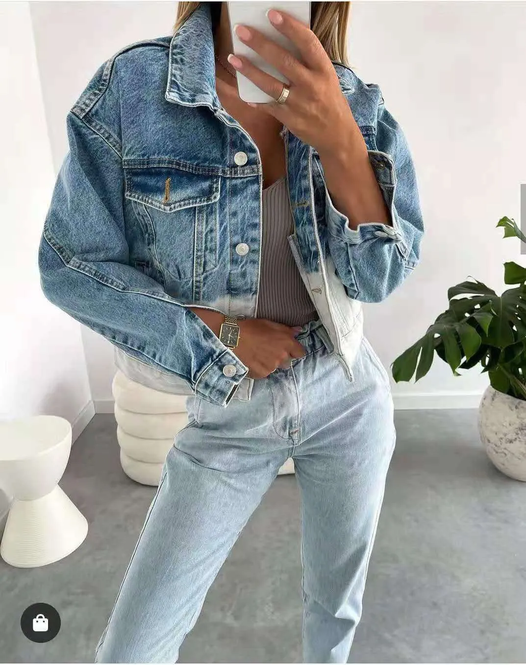 Single-breasted Pile Collar Denim Color Gradient Outerwear Cardigans