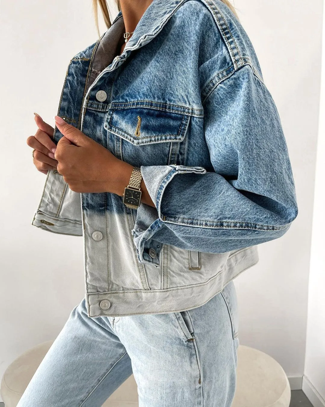 Single-breasted Pile Collar Denim Color Gradient Outerwear Cardigans