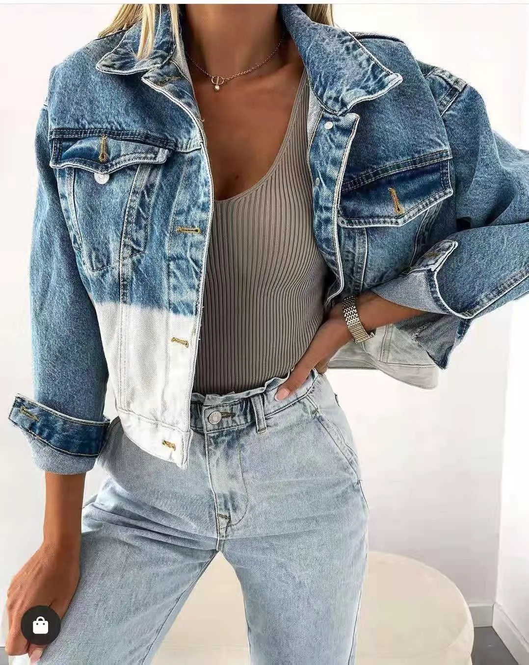 Single-breasted Pile Collar Denim Color Gradient Outerwear Cardigans