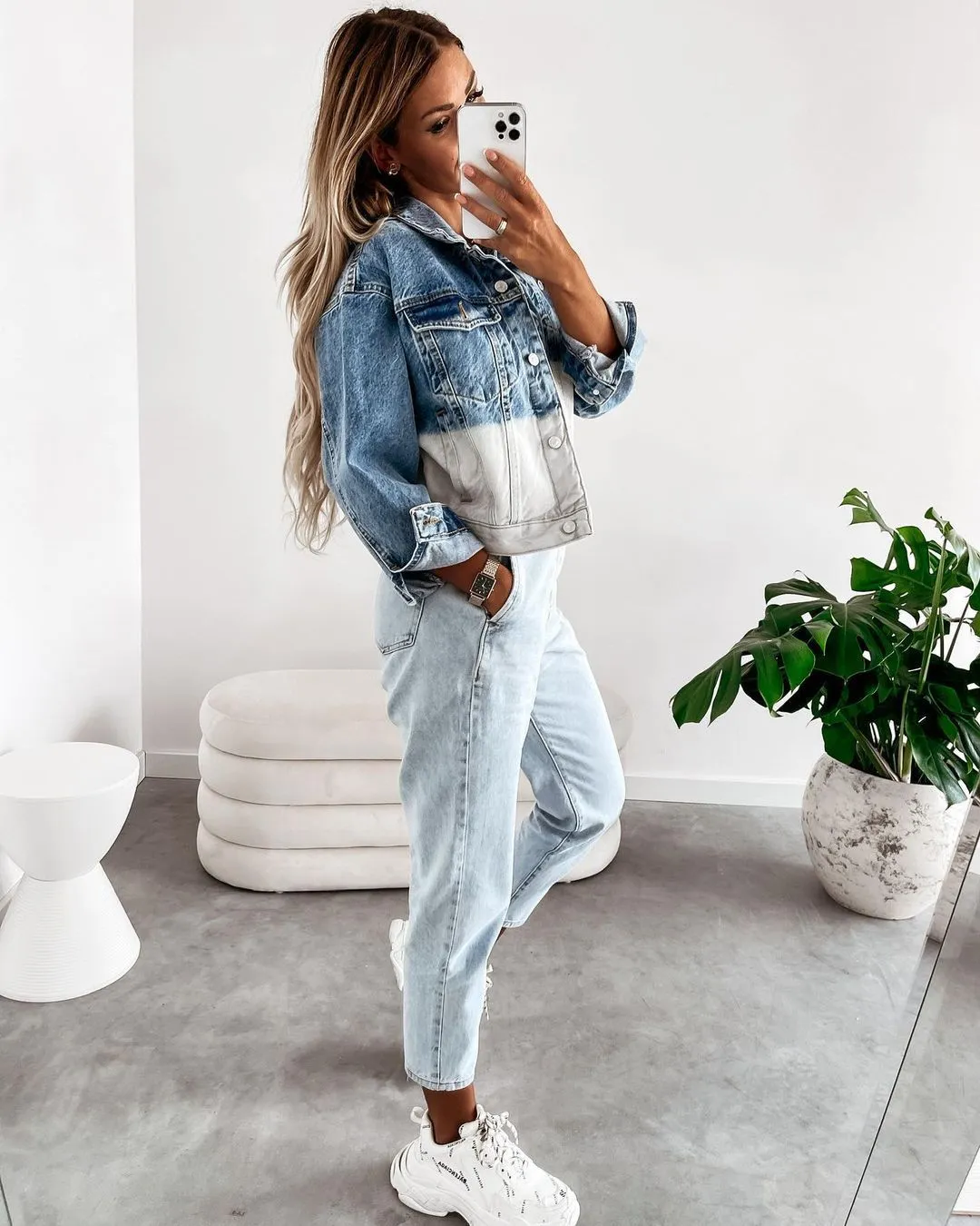 Single-breasted Pile Collar Denim Color Gradient Outerwear Cardigans