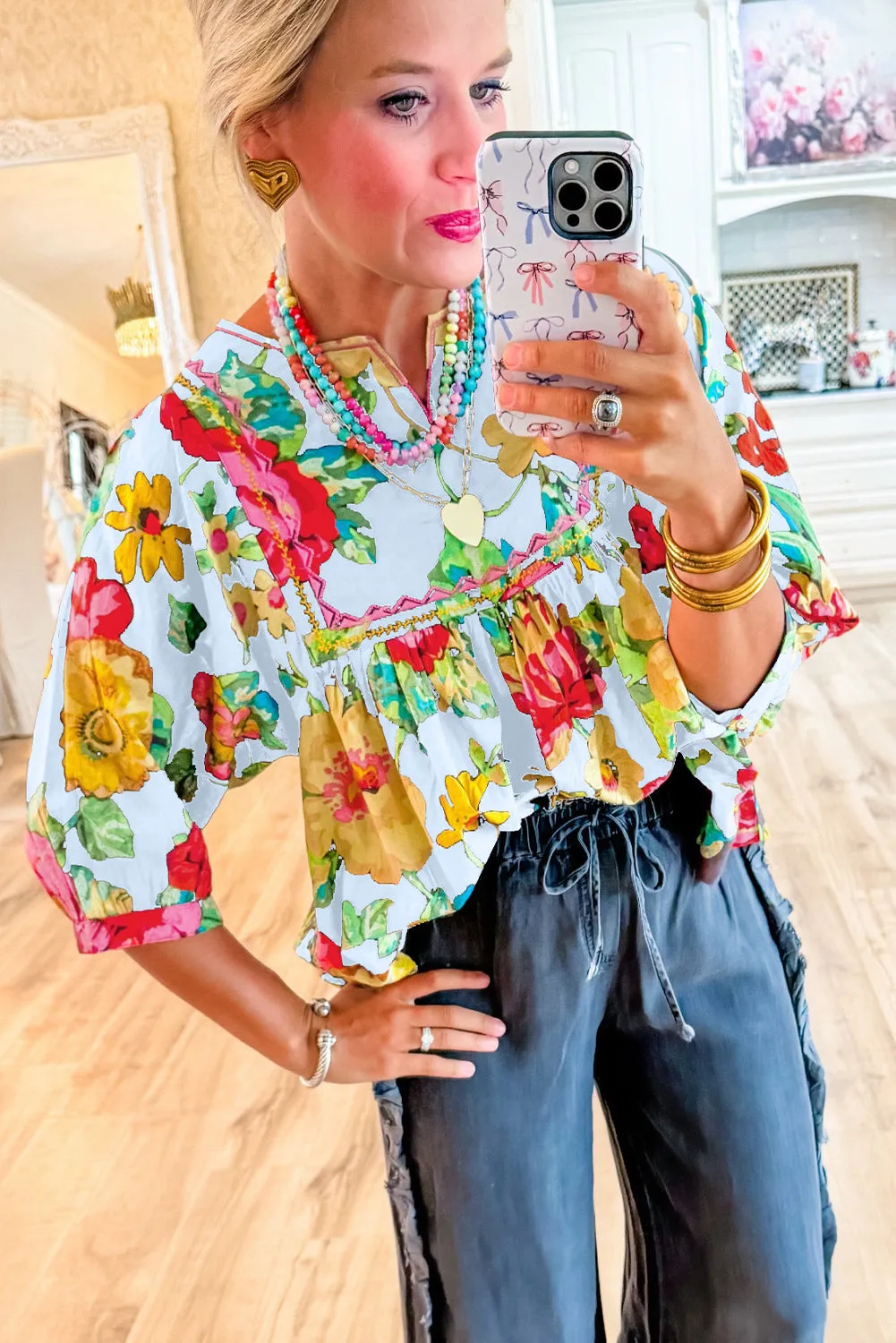 Sky Blue Rose Flower Embroidered Trim Half Sleeve Blouse