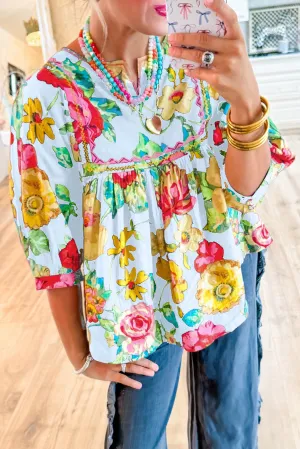 Sky Blue Rose Flower Embroidered Trim Half Sleeve Blouse