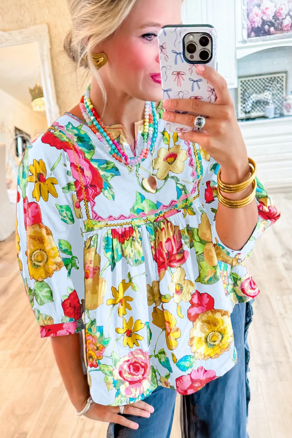 Sky Blue Rose Flower Embroidered Trim Half Sleeve Blouse
