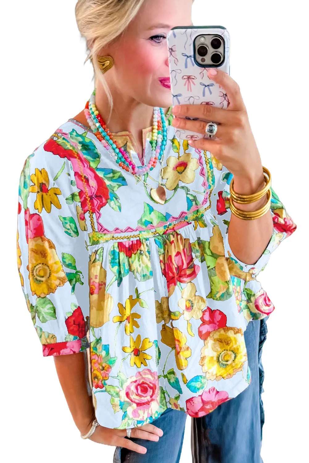 Sky Blue Rose Flower Embroidered Trim Half Sleeve Blouse