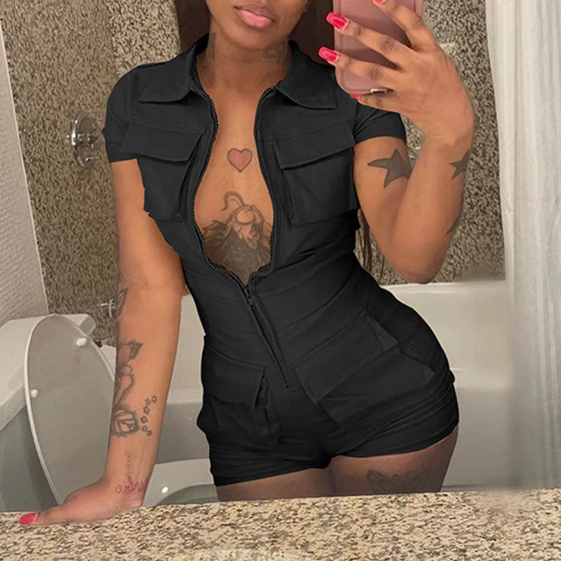 Solid Short Sleeve Pocket Zipper Design Romper