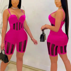 Solid Sleeveless Spaghetti Strap Sheer Mesh Romper