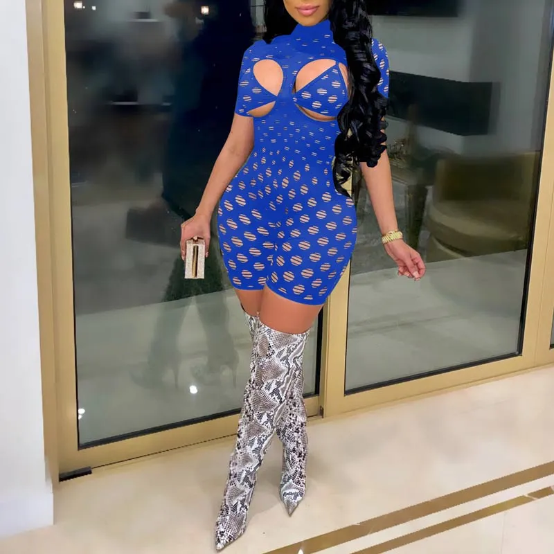 Solid Turtleneck Cut Out Short Sleeve Romper Set