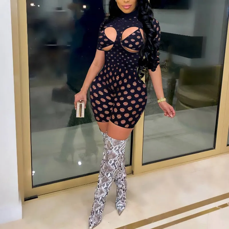 Solid Turtleneck Cut Out Short Sleeve Romper Set