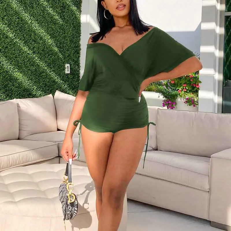 Solid V-Neck Off Shoulder Short Sleeve Romper