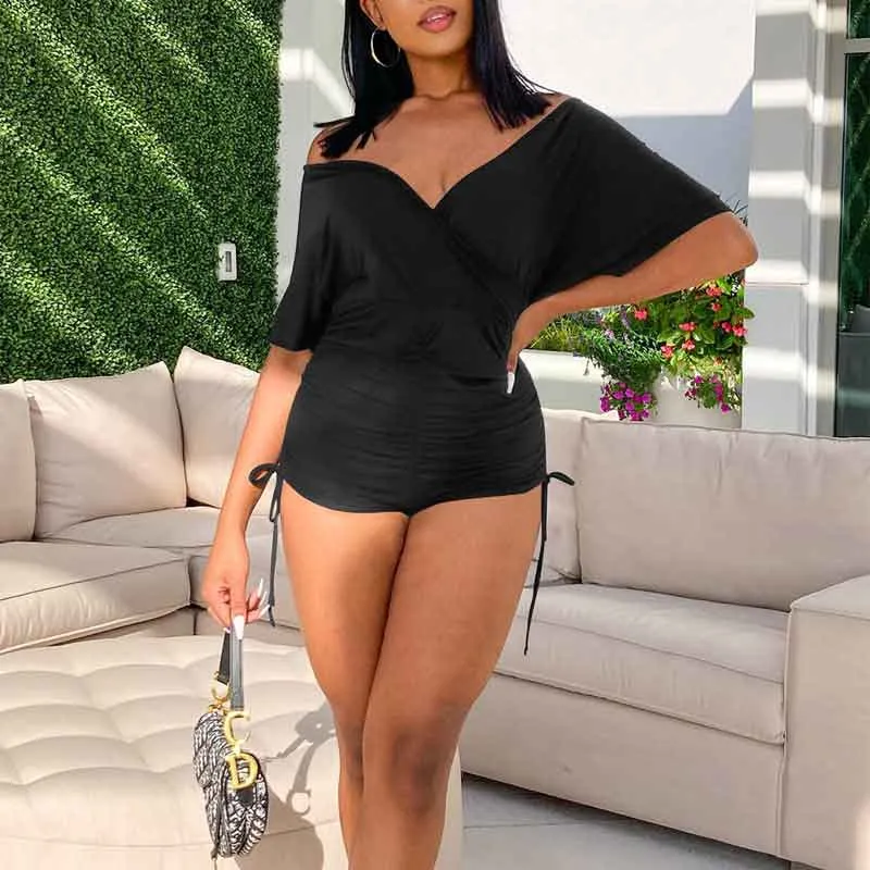 Solid V-Neck Off Shoulder Short Sleeve Romper