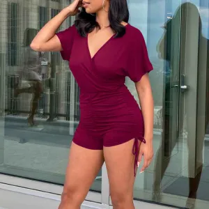 Solid V-Neck Off Shoulder Short Sleeve Romper