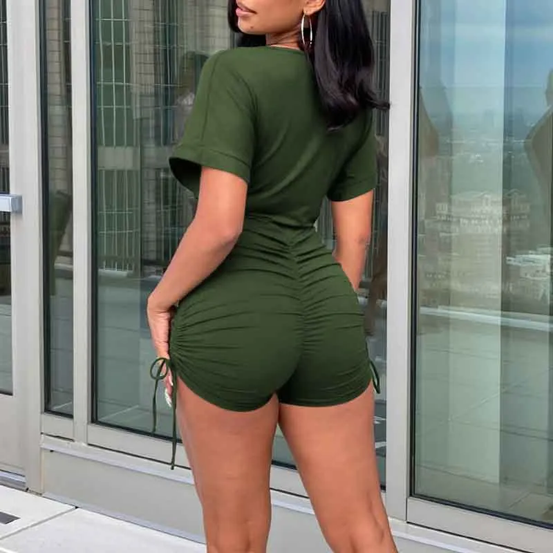 Solid V-Neck Off Shoulder Short Sleeve Romper