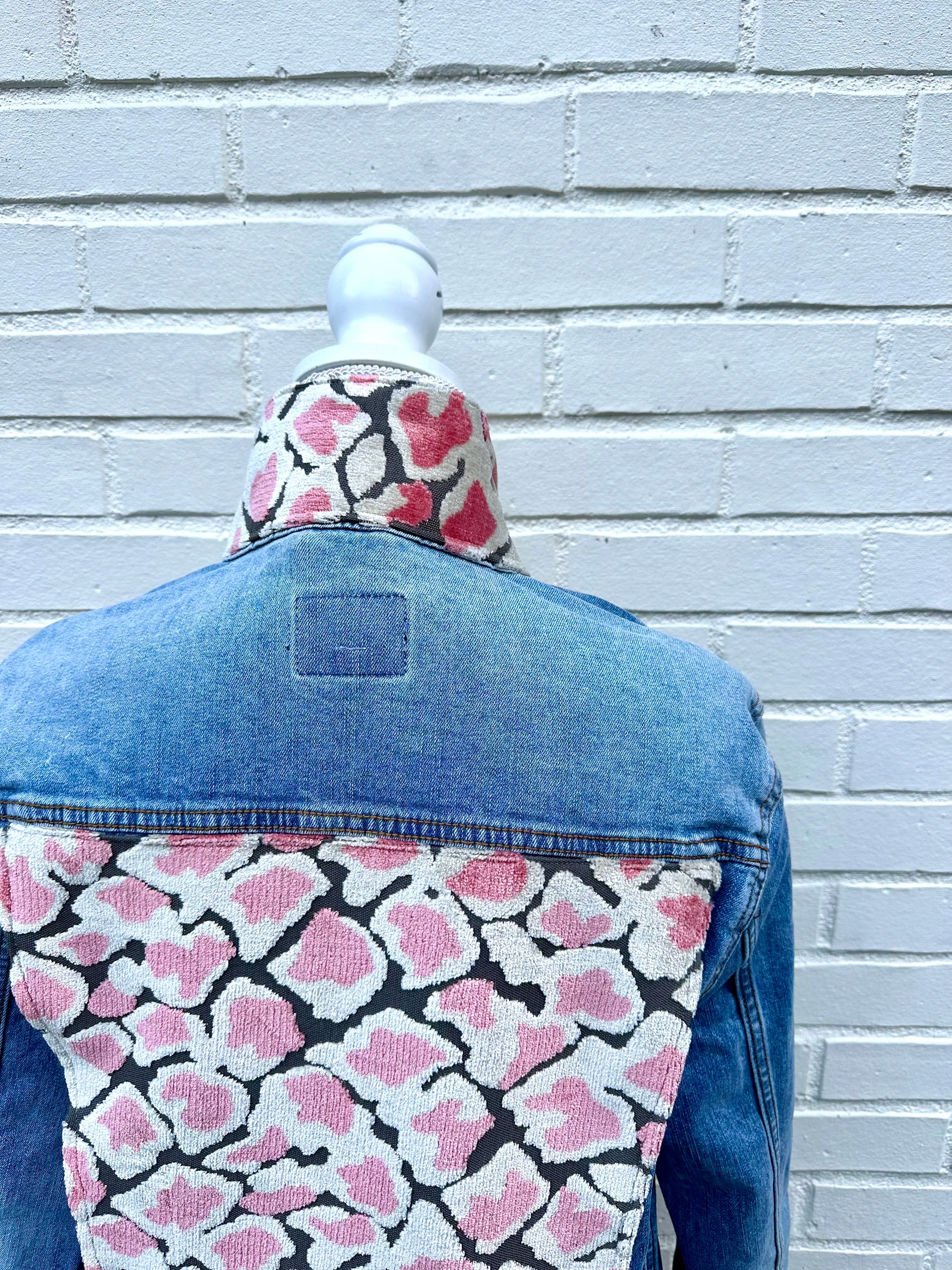 Stevie Denim Jacket - Denim w Pink & Taupe Velvet Animal Print (ST09)