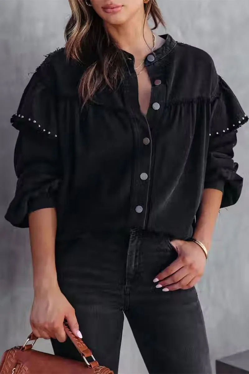 Street Solid Rivets Solid Color Mandarin Collar Outerwear