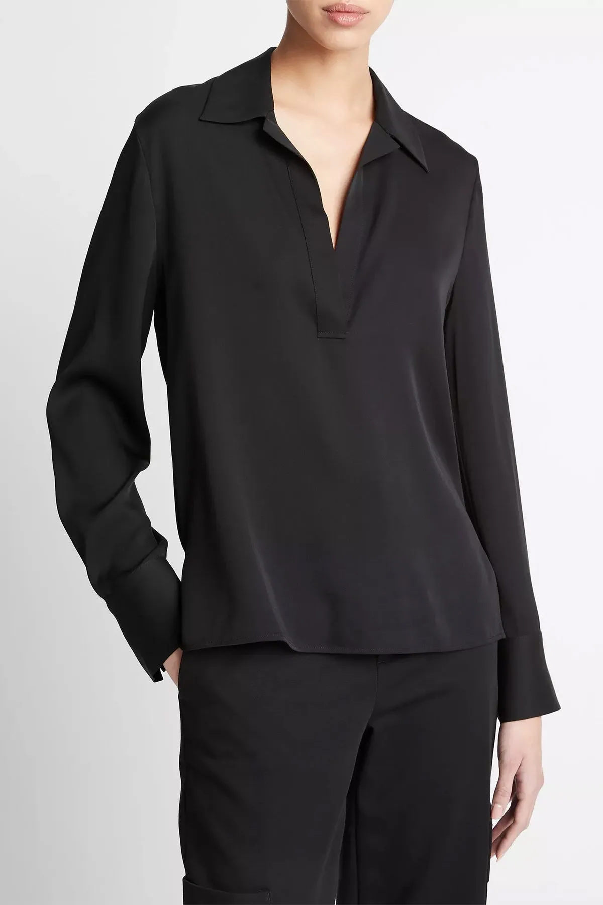 Stretch-Silk Long-Sleeve Polo Blouse in Black