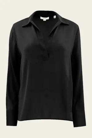 Stretch-Silk Long-Sleeve Polo Blouse in Black