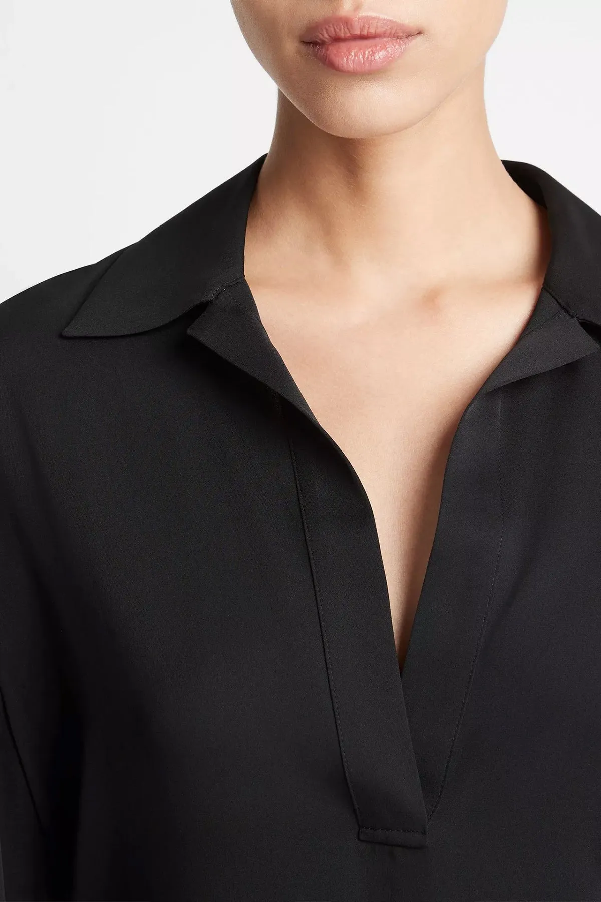 Stretch-Silk Long-Sleeve Polo Blouse in Black