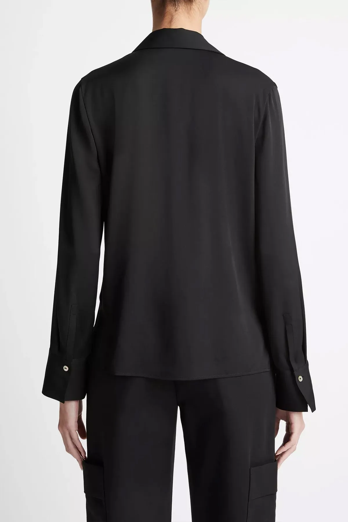 Stretch-Silk Long-Sleeve Polo Blouse in Black