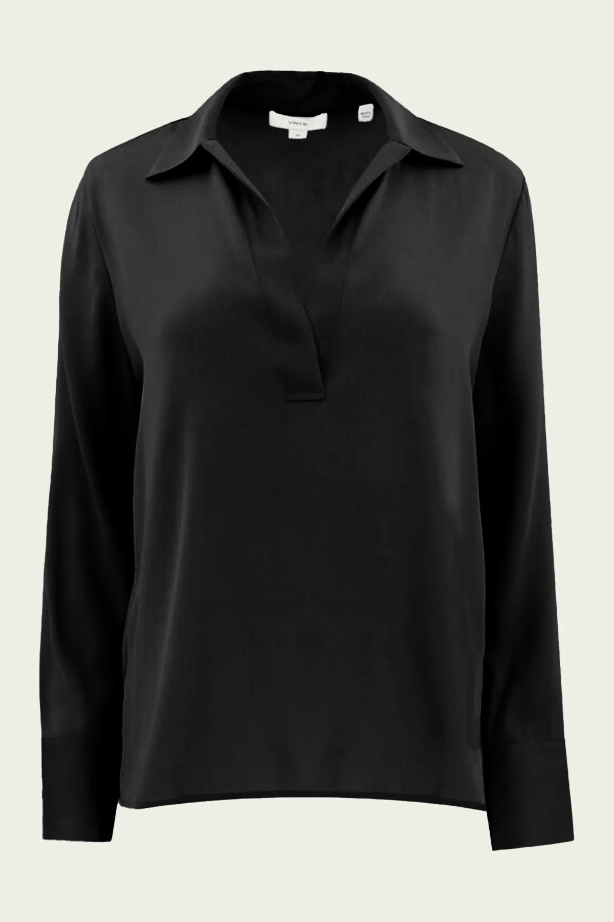 Stretch-Silk Long-Sleeve Polo Blouse in Black